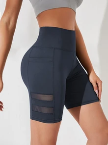 SHEIN Sports 網眼拼接寬腰帶運動短褲，附手機口袋 - 深灰色 - 查看 4