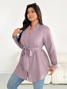 Shapeblank 大尺碼女款秋冬時尚休閒寬鬆舒適日常紋理面料、金屬扣腰部收腰黑色長袖襯衫，可調節袖長，秋季穿搭，女式上衣，工作上衣 - 粉色 - 查看 7