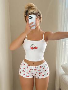 Sweetina 2pcs Women's Red And White Deer Print Cute Summer Outfit Set,Tight-Fitting Spaghetti Strap Bowknot Splicing Top&Super Low-Waist Mini Shorts,Lounge - White - View 2