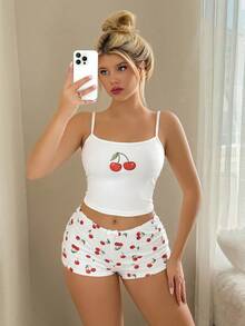 Sweetina 2pcs Women's Red And White Deer Print Cute Summer Outfit Set,Tight-Fitting Spaghetti Strap Bowknot Splicing Top&Super Low-Waist Mini Shorts,Lounge - White - View 3