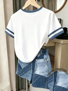 SHEIN Sparklyn 青少年女孩數位英文圖案印花短袖上衣與短褲套裝，春夏季休閒舒適時尚，百搭夏季穿搭，適合戶外運動、戶外野餐、街拍、居家、校園、節慶、禮物，女孩日常穿著 - 彩色 - 查看 2