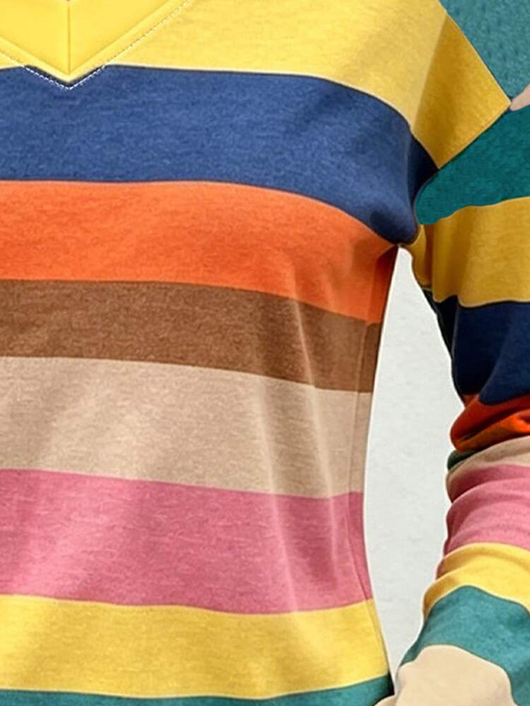 SHEIN LUNE Women's Spring/Autumn Multi-Color Striped V-Neck Long Sleeve Casual T-Shirt For Holiday Outfits - Multicolor - View 4