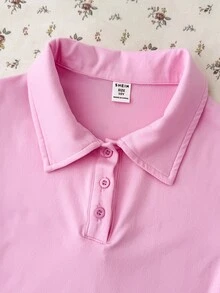 SHEIN 青少年女孩粉色純色休閒極簡半鈕扣 Polo 領修身短袖 T-shirt - 粉色 - 查看 3