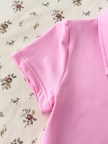 SHEIN 青少年女孩粉色純色休閒極簡半鈕扣 Polo 領修身短袖 T-shirt - 粉色 - 查看 4