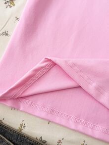 SHEIN 青少年女孩粉色純色休閒極簡半鈕扣 Polo 領修身短袖 T-shirt - 粉色 - 查看 5