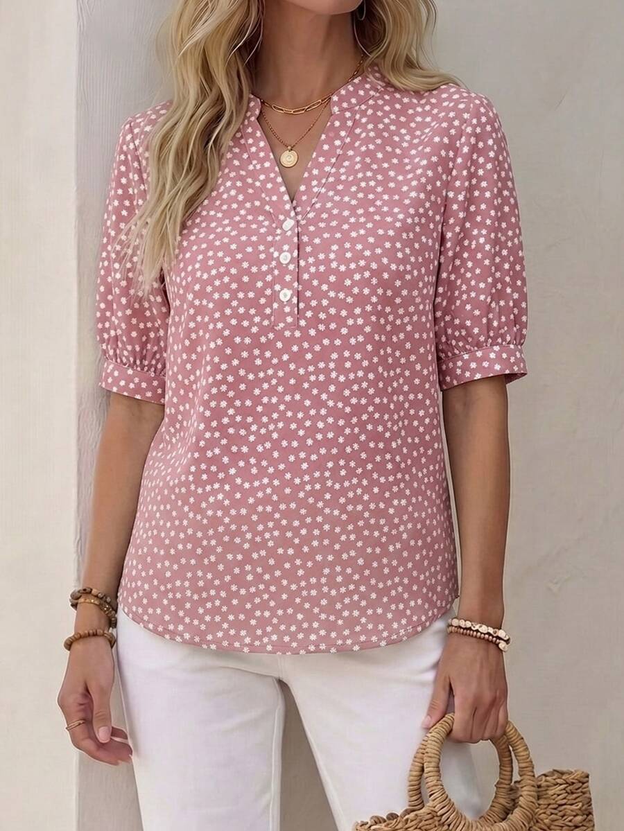 EMERY ROSE Atasan Kasual Wanita untuk Liburan Musim Panas Motif Bunga Kecil Warna Pink - MultiWarna - View 1
