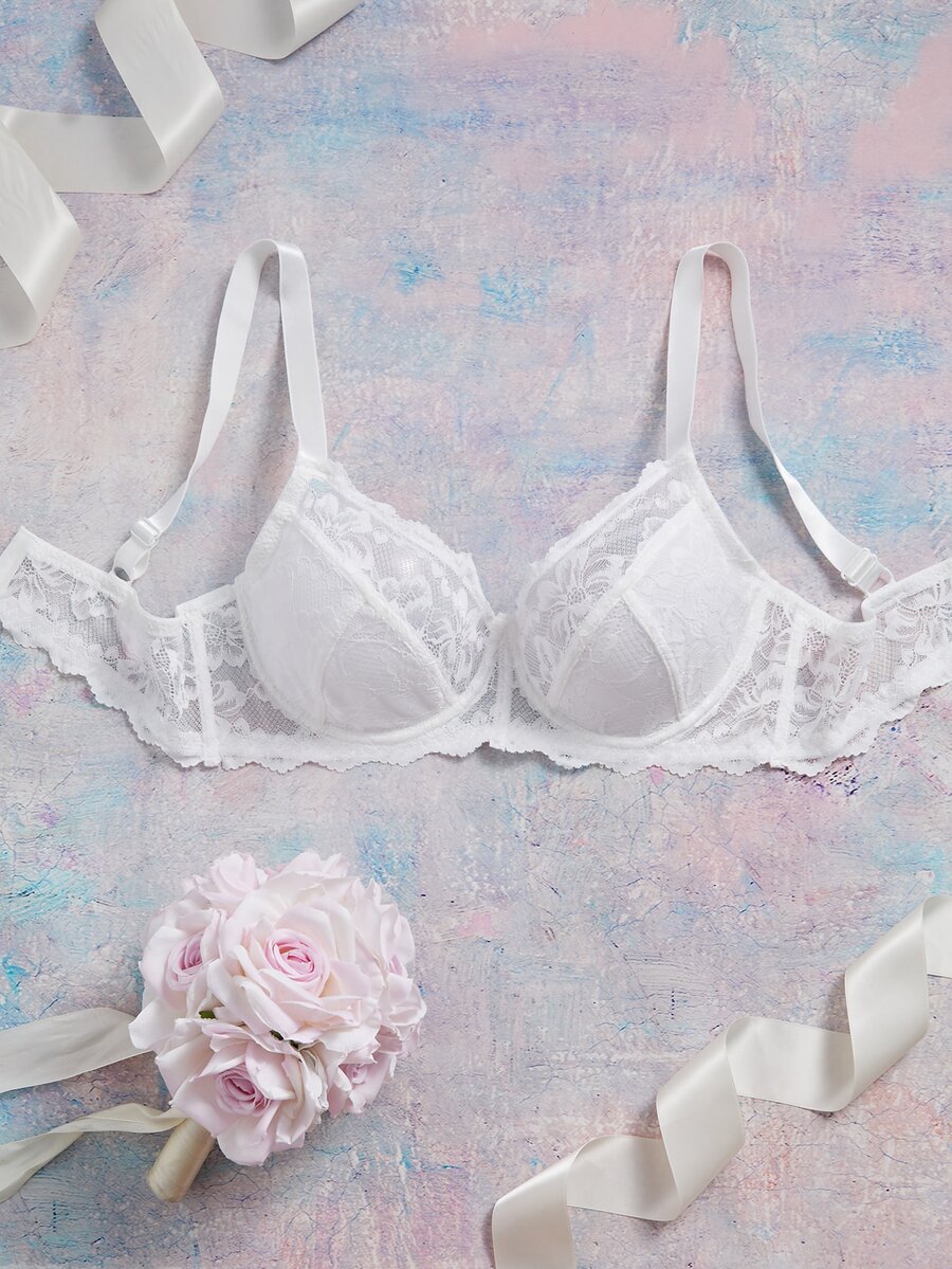 Elorette 1pc Plus Size Women Lace Patchwork Comfortable Underwire Bra, Lift - White - View 1