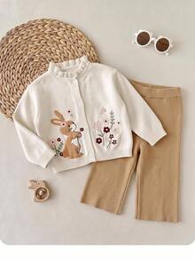 SHEIN Conjunto de cárdigan bordado con conejo & flor y pantalones de punto para otoño para bebé niña - Caqui - Ver 3