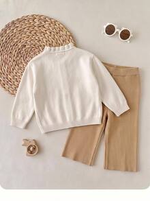 SHEIN Conjunto de cárdigan bordado con conejo & flor y pantalones de punto para otoño para bebé niña - Caqui - Ver 4