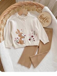 SHEIN Conjunto de cárdigan bordado con conejo & flor y pantalones de punto para otoño para bebé niña - Caqui - Ver 5
