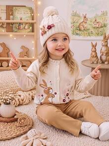 SHEIN Conjunto de cárdigan bordado con conejo & flor y pantalones de punto para otoño para bebé niña - Caqui - Ver 2