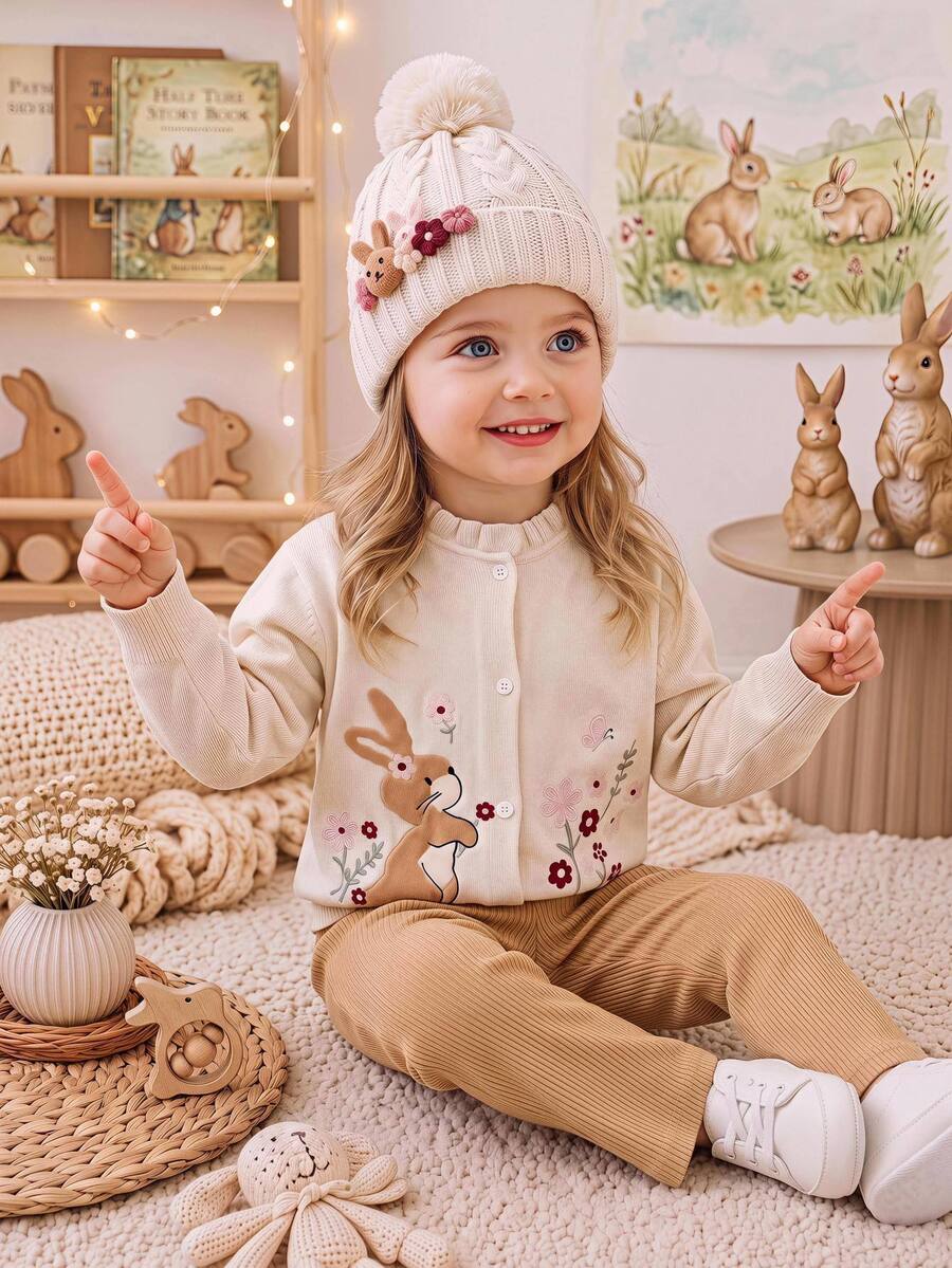 SHEIN طقم بناتي صغير كارديجان مطرز بالأرنب والزهور مع بنطلون محبوك للخريف - كاكي - مشاهدة 1