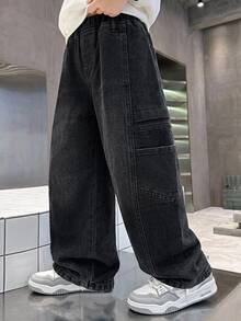 兒童小男孩磨損風基本款黑色牛仔工裝褲，秋冬款，男孩返校服裝，萬聖節穿搭，幼兒牛仔褲，校服 - 黑色 - 查看 7