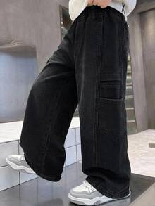 兒童小男孩磨損風基本款黑色牛仔工裝褲，秋冬款，男孩返校服裝，萬聖節穿搭，幼兒牛仔褲，校服 - 黑色 - 查看 8