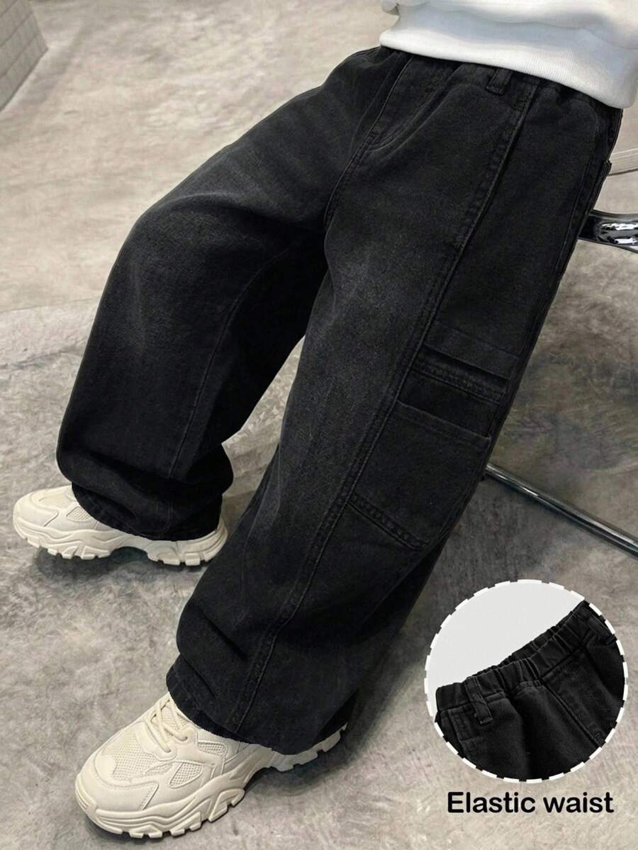 兒童小男孩磨損風基本款黑色牛仔工裝褲,秋冬款,男孩返校服裝,萬聖節穿搭,幼兒牛仔褲,校服 - 黑色 - 查看 1