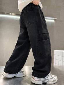 兒童小男孩磨損風基本款黑色牛仔工裝褲，秋冬款，男孩返校服裝，萬聖節穿搭，幼兒牛仔褲，校服 - 黑色 - 查看 2