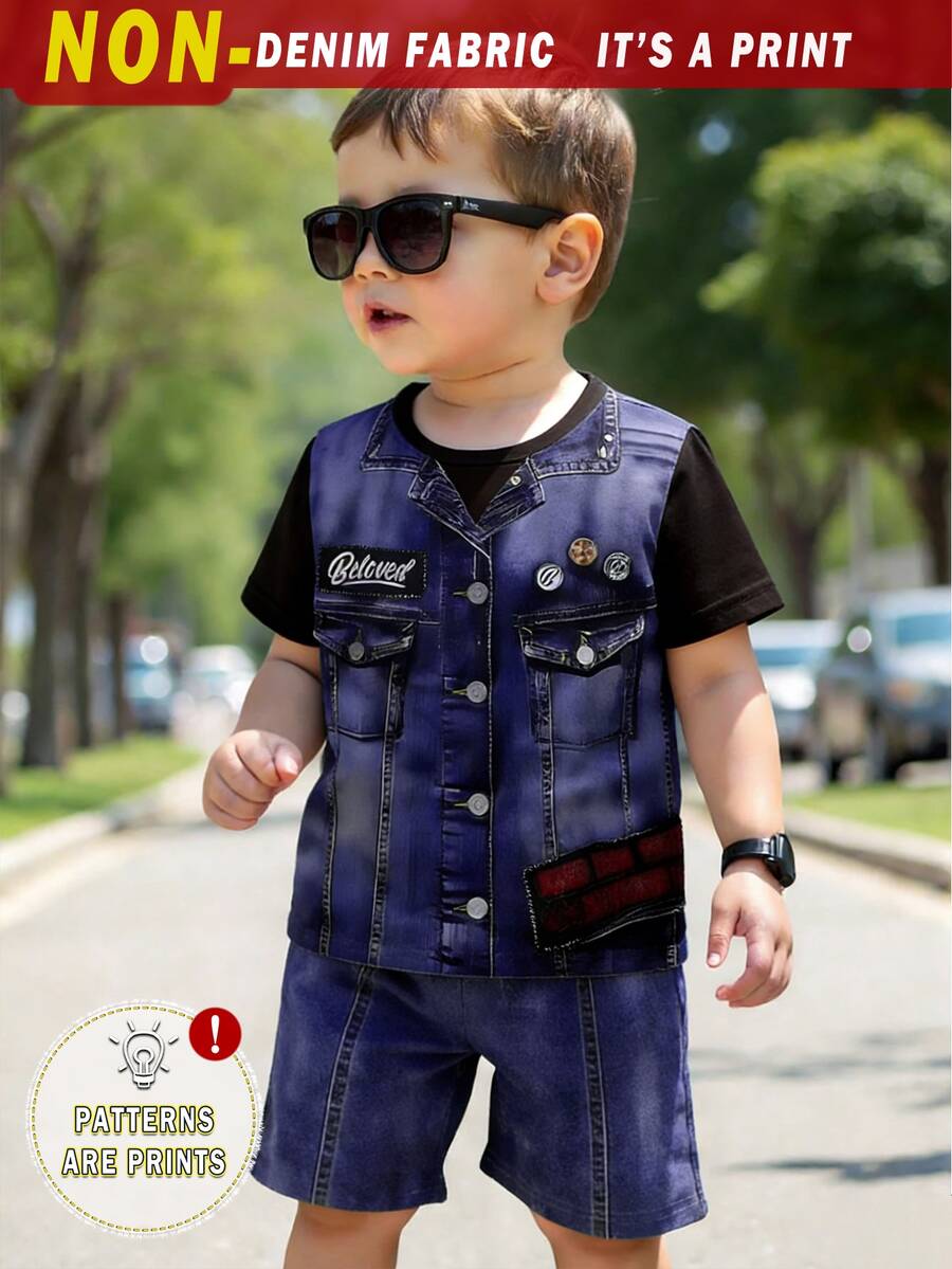 Playful Pals 春夏两件套:男婴休闲时尚创意个性清新简约仿牛仔背心式字母标语印花宽松短袖T恤和短裤套装,舒适日常穿着 - 彩色 - 查看 1