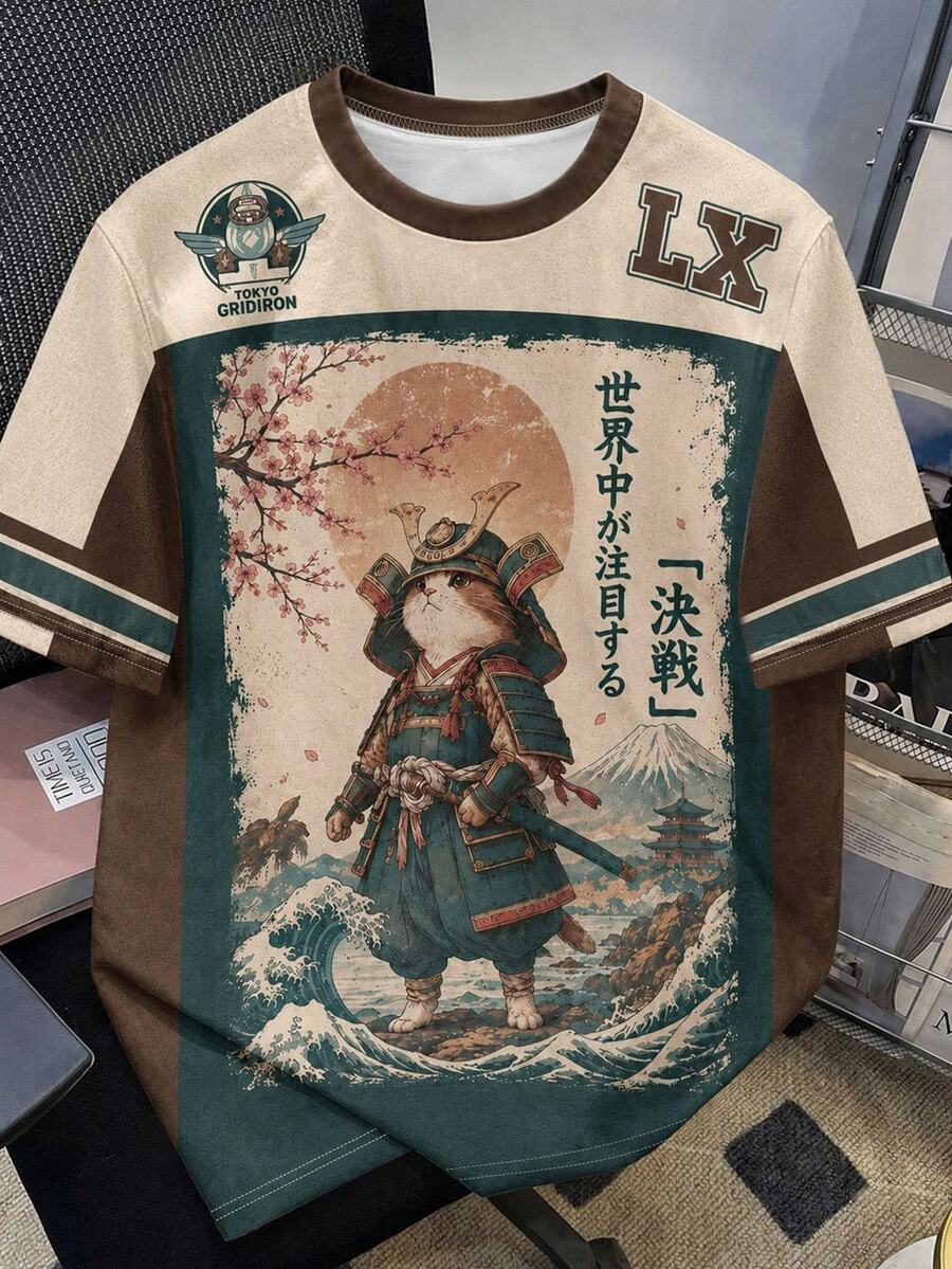 Manfinity Dauomo Men's Colorblock Cat Samurai Print Short Sleeve T-Shirt - Multicolor - View 1