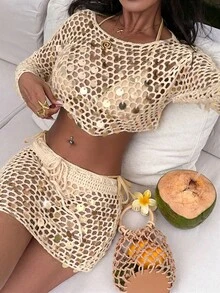 Elenzga 女款針織網格鏤空罩衫裙套裝，奶油黃，適合度假、約會、海灘，透視針織裙 - 杏色 - 查看 5