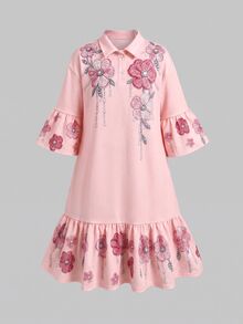 SHEIN Tween女孩休閒日常百搭舒適修身細肩帶洋裝，休閒優雅復古蕾絲公主裙，適合正式場合、旅行、度假、外出，適用任何場合，姊妹裝、親子套裝，可愛女孩洋裝，Tween女孩洋裝，女孩洋裝，秋冬/四季皆宜 - 粉色 - 查看 8