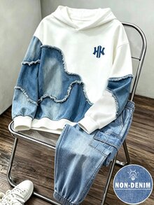 2件組 青少年男孩時尚極簡舒適連帽衫與工裝褲套裝，酷炫拼接幾何滿版印花設計，英文圖案印花，適合假期派對、休閒舒適，男孩春秋冬首選，街頭風休閒穿搭，返校聚會適用 - 彩色 - 查看 3