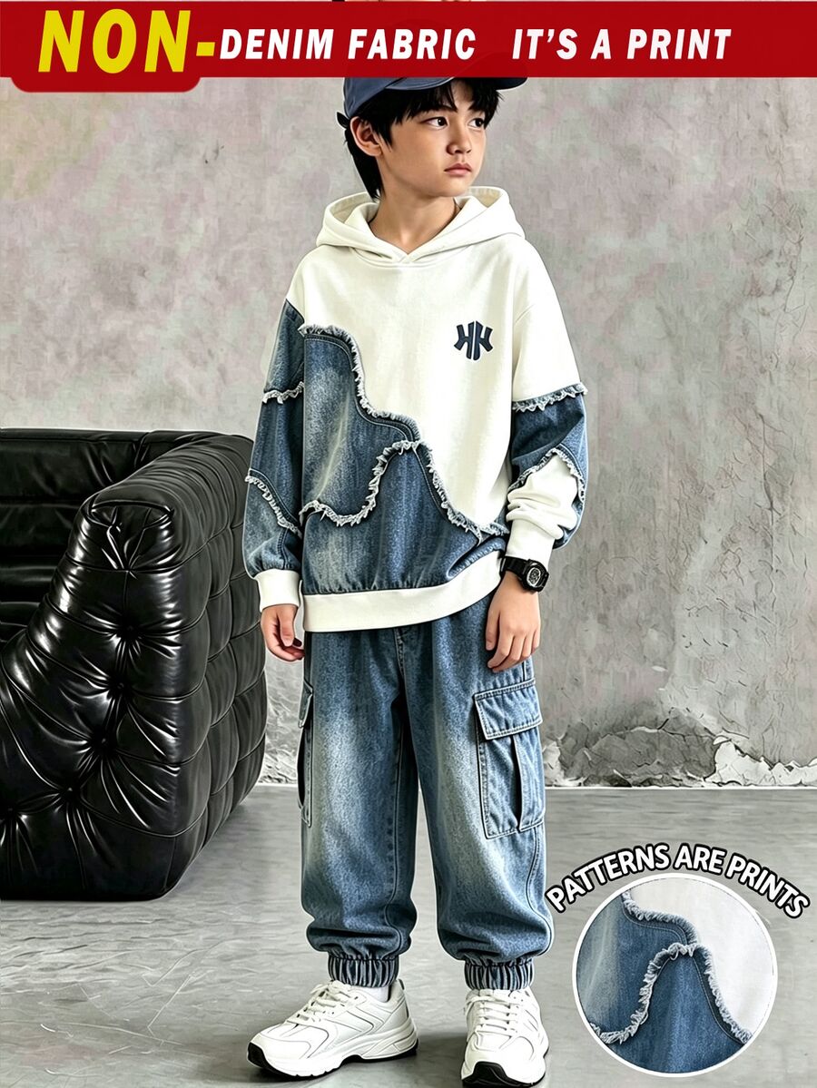 2件組 青少年男孩時尚極簡舒適連帽衫與工裝褲套裝,酷炫拼接幾何滿版印花設計,英文圖案印花,適合假期派對、休閒舒適,男孩春秋冬首選,街頭風休閒穿搭,返校聚會適用 - 彩色 - 查看 1