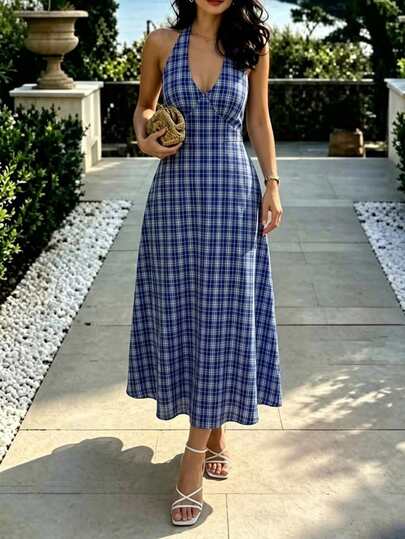 Vavine Summer/ Sleeveless Halter Neck Plaid Elastic Waist Long Sexy Vintage Preppy Deep V-Neck Dress Picnic Blue And White Stripe