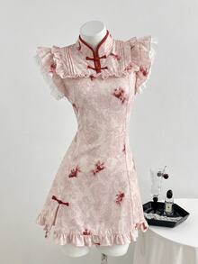 Elamini New Chinese Style Pink Floral & Goldfish Print Patchwork Ruffle Collar Cap Sleeve A-Line Mini Dress,Elegant Retro Summer Casual Commute Dates - Pink - View 7