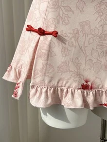 Elamini New Chinese Style Pink Floral & Goldfish Print Patchwork Ruffle Collar Cap Sleeve A-Line Mini Dress,Elegant Retro Summer Casual Commute Dates - Pink - View 4