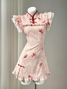 Elamini New Chinese Style Pink Floral & Goldfish Print Patchwork Ruffle Collar Cap Sleeve A-Line Mini Dress,Elegant Retro Summer Casual Commute Dates - Pink - View 3