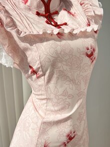 Elamini New Chinese Style Pink Floral & Goldfish Print Patchwork Ruffle Collar Cap Sleeve A-Line Mini Dress,Elegant Retro Summer Casual Commute Dates - Pink - View 5