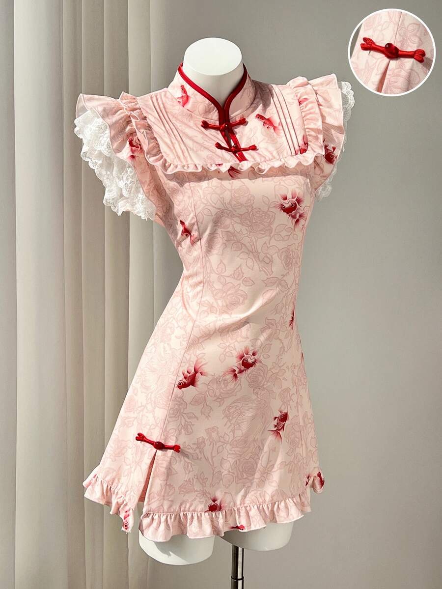 Elamini New Chinese Style Pink Floral & Goldfish Print Patchwork Ruffle Collar Cap Sleeve A-Line Mini Dress,Elegant Retro Summer Casual Commute Dates - Pink - View 1
