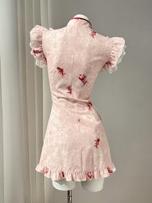 Elamini New Chinese Style Pink Floral & Goldfish Print Patchwork Ruffle Collar Cap Sleeve A-Line Mini Dress,Elegant Retro Summer Casual Commute Dates - Pink - View 2