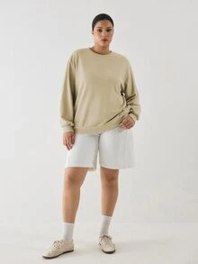 YARNWELL Plus Size Women's Solid Color Crew Neck Casual Daily Long Sleeve Sweatshirt Fall - Coffee Brown - View 2