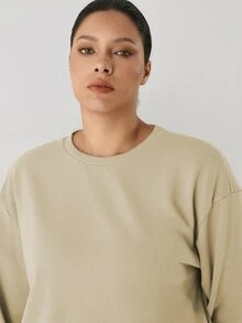 YARNWELL Plus Size Women's Solid Color Crew Neck Casual Daily Long Sleeve Sweatshirt Fall - Coffee Brown - View 6