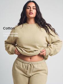 YARNWELL Plus Size Women's Solid Color Crew Neck Casual Daily Long Sleeve Sweatshirt Fall - Coffee Brown - View 1