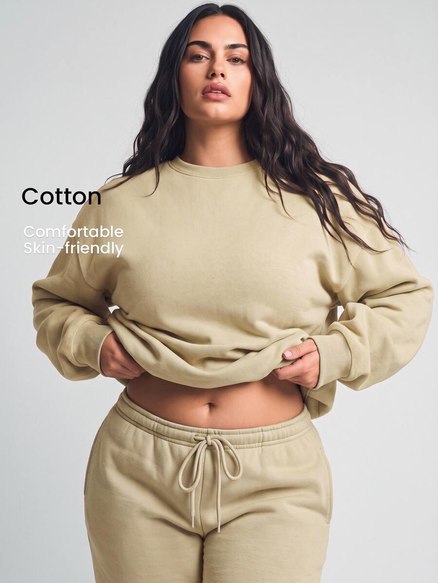 YARNWELL Plus Size Women's Solid Color Crew Neck Casual Daily Long Sleeve Sweatshirt Fall - Coffee Brown - View 1
