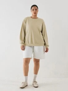 YARNWELL Plus Size Women's Solid Color Crew Neck Casual Daily Long Sleeve Sweatshirt Fall - Coffee Brown - View 4