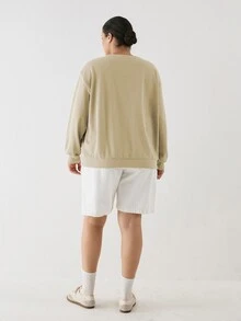 YARNWELL Plus Size Women's Solid Color Crew Neck Casual Daily Long Sleeve Sweatshirt Fall - Coffee Brown - View 3