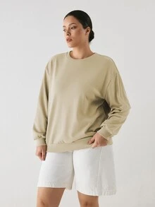 YARNWELL Plus Size Women's Solid Color Crew Neck Casual Daily Long Sleeve Sweatshirt Fall - Coffee Brown - View 5