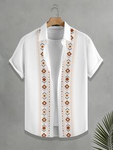 Maristyn 男士復古幾何印花修身短袖襯衫，幾何印花點亮夏季風格，展現粗獷男士度假氛圍，假日 - 彩色 - 查看 3