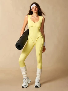 VARSIVA Women Solid Color Sleeveless Fitted Backless Sports Activewear Jumpsuit - Light Yellow - View 10