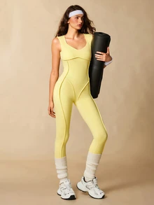 VARSIVA Women Solid Color Sleeveless Fitted Backless Sports Activewear Jumpsuit - Light Yellow - View 6