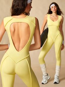 VARSIVA Women Solid Color Sleeveless Fitted Backless Sports Activewear Jumpsuit - Light Yellow - View 1