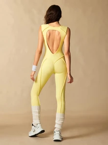 VARSIVA Women Solid Color Sleeveless Fitted Backless Sports Activewear Jumpsuit - Light Yellow - View 5