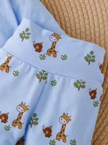 SHEIN Newborn Baby Giraffe Print Long Sleeve Single-Breasted Top And Pants Set - Baby Blue - View 7