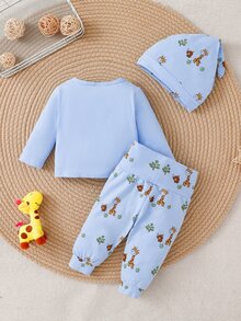 SHEIN Newborn Baby Giraffe Print Long Sleeve Single-Breasted Top And Pants Set - Baby Blue - View 2