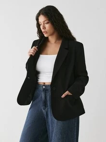 YARNWELL 大尺碼女款純色缺口領休閒通勤西裝外套 - 黑色 - 查看 4