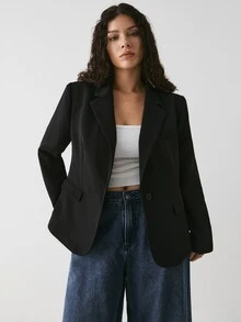 YARNWELL 大尺碼女款純色缺口領休閒通勤西裝外套 - 黑色 - 查看 12