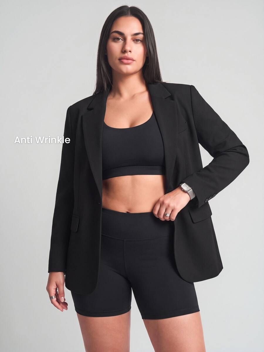 YARNWELL 大尺碼女款純色缺口領休閒通勤西裝外套 - 黑色 - 查看 1